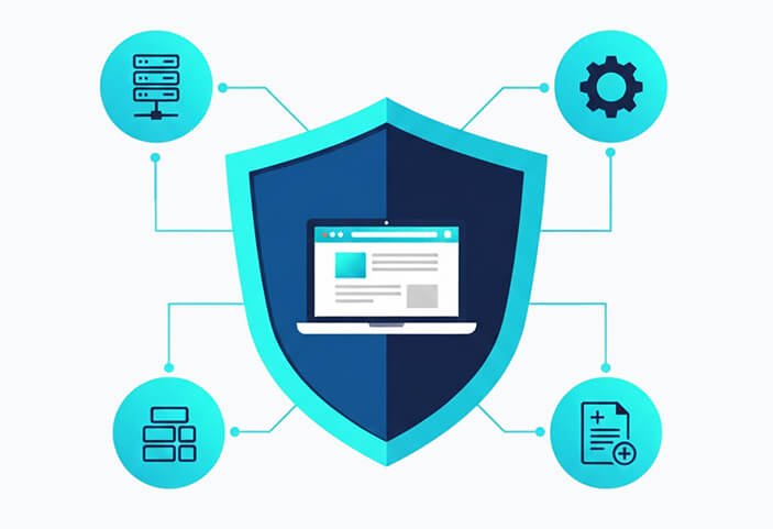 Grafika tarczy symbolizująca bezpieczeństwo, hosting i stałą opiekę techniczną nad stroną w modelu abonamentowym.