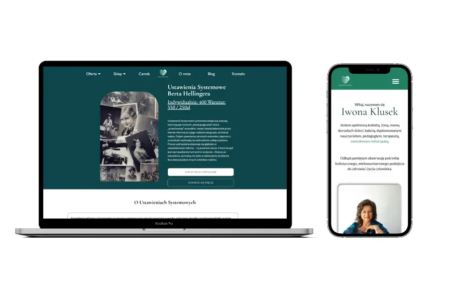 Realizacja strony WWW dla gabinetu terapii holistycznych Konstelacje, przedstawiająca ofertę warsztatów i sesji indywidualnych.
