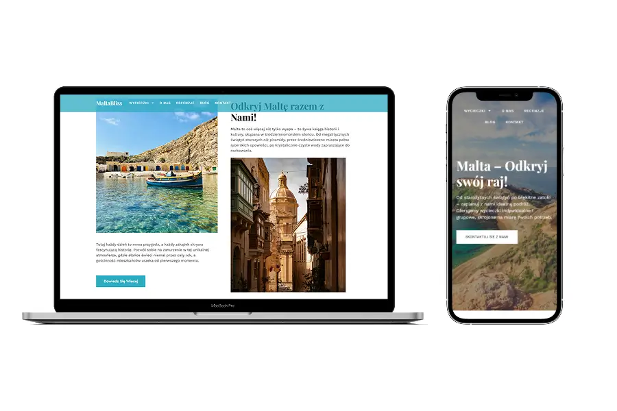 Mockup nowoczesnej strony internetowej zaprojektowanej dla butikowego biura podróży MaltaBliss, prezentujący ofertę wycieczek na ekranie laptopa.